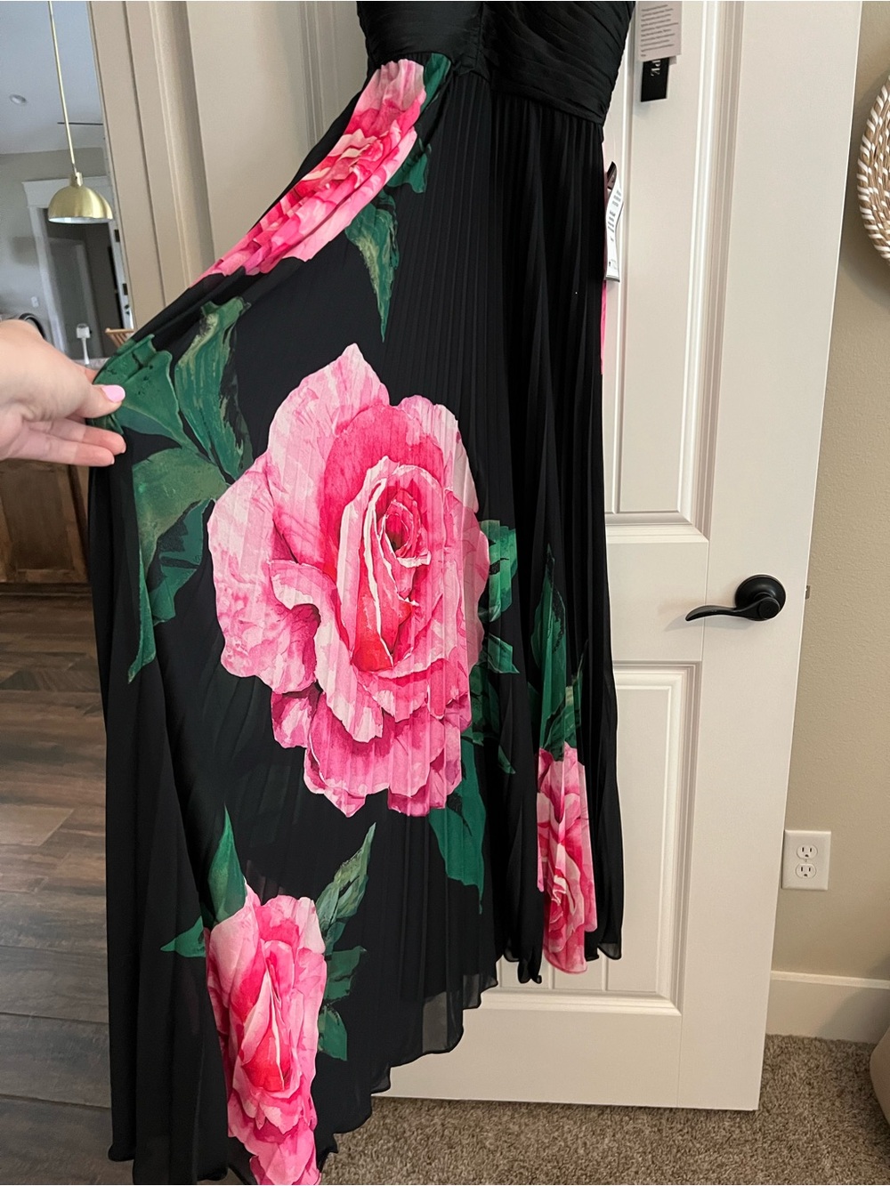 Xscape Black Maxi Dress with Large Pink Rose Print - Picture 3 of 12